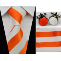 3delige set stropdas manchetknopen pochet oranje wit brede streep